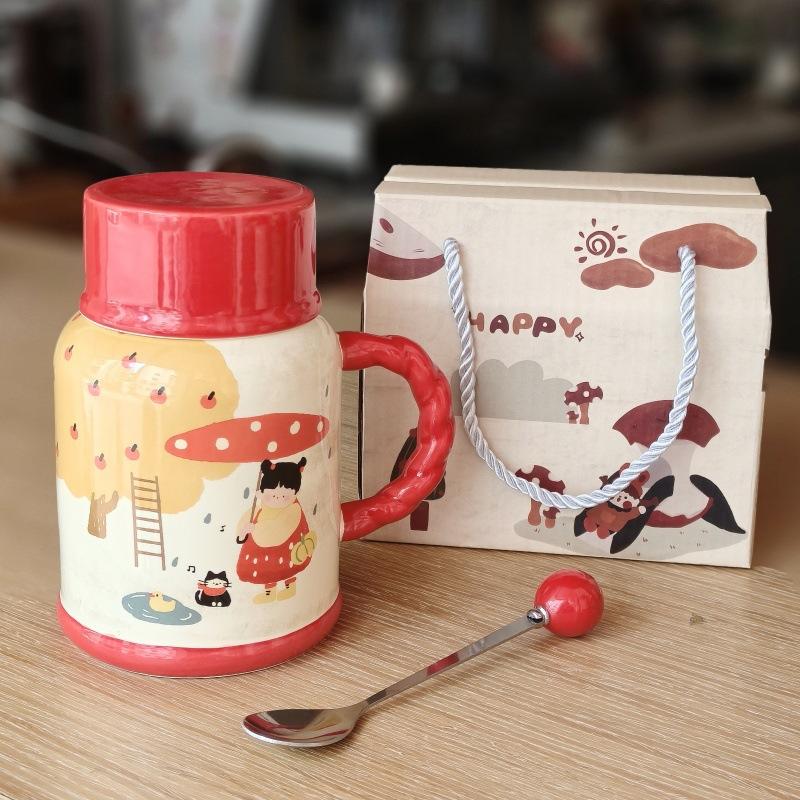 Cute high-value milk fufu kettle girls large-capacity ceramic mug with lid spoon birthday gift souvenir