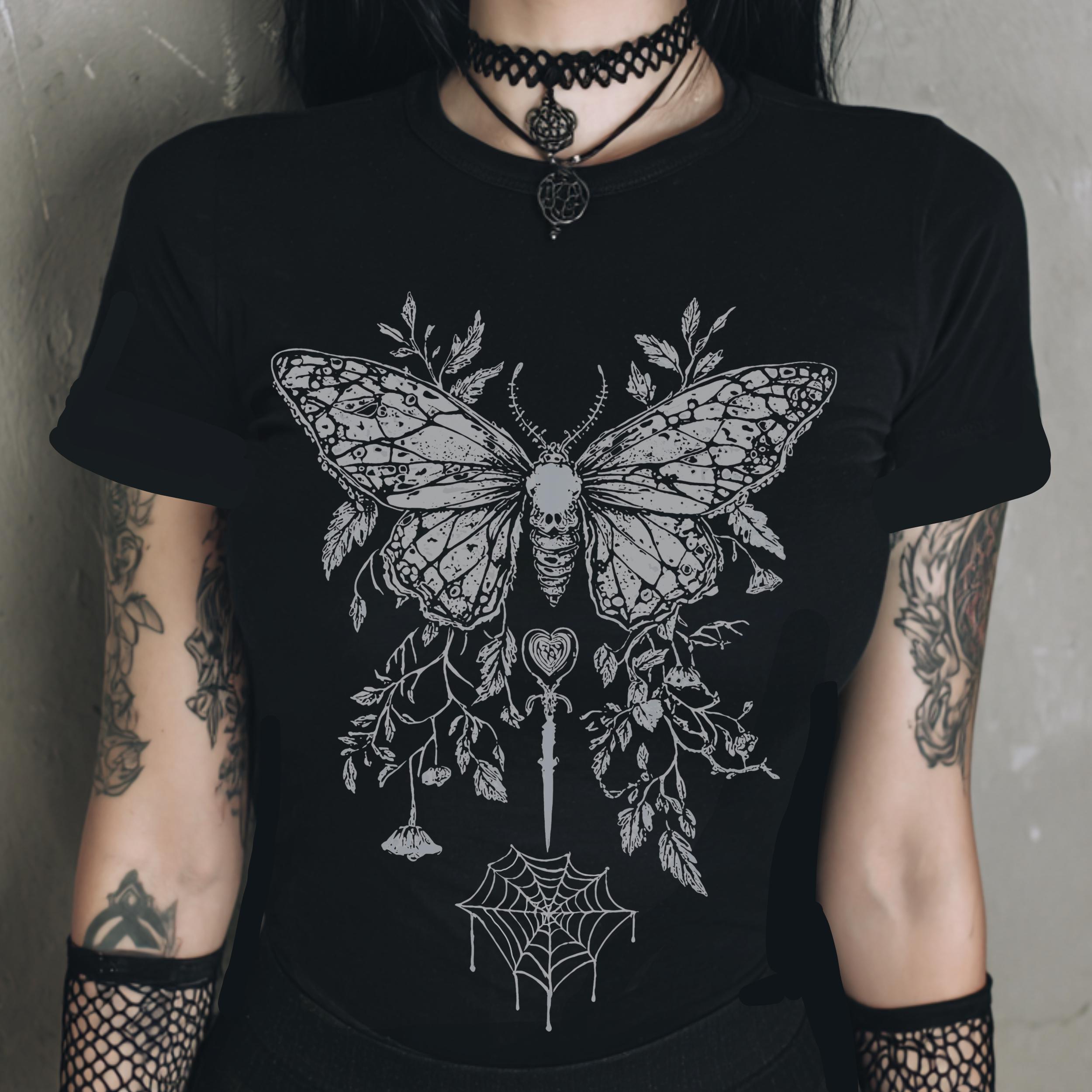 

Butterfly Y2K Goth Tshirt Pattern Printed Magic Shirt Fairy Grunge Black Bohemian Top Emo Alternative Clothing Goth Gift fo S