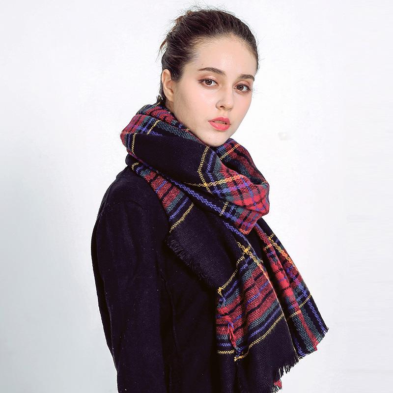 Style Plaid Scarf Women's Autumn and Winter Thick Wind Black Color Striped Imitation Cashmere Shawl