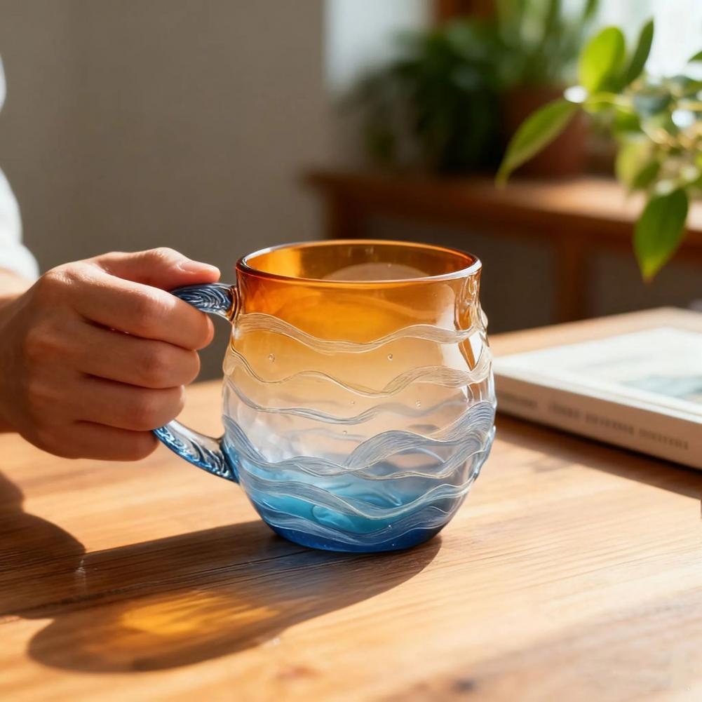 Sonnenuntergang Ozean Tasse Wellenmuster Wasserglas 350ml Ozeanisches Thema Trinkbecher Künstlerisches Trinkgefäß für Strandliebhaber