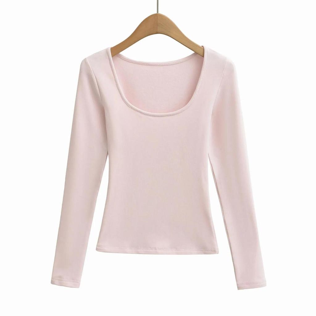 Women's Slim Fit Black U-Neck Long-Sleeve Shirt - Spicy Girl Collection, Perfect Base Layer for Autumn and Winter.