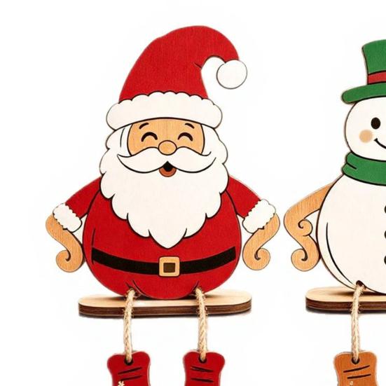 Cute Winter Window Ornaments 3Pcs 2D Wooden Christmas Hanging Ornaments, Cartoon Santa Snowman Tree Figurines Small Wood Holiday with Leg Design,