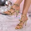 Women Sandals Gold Strap High Heels Women Shoes Big Size Slip-On Shoes for Women Round Toe Rubber Sole High Heels Sandals