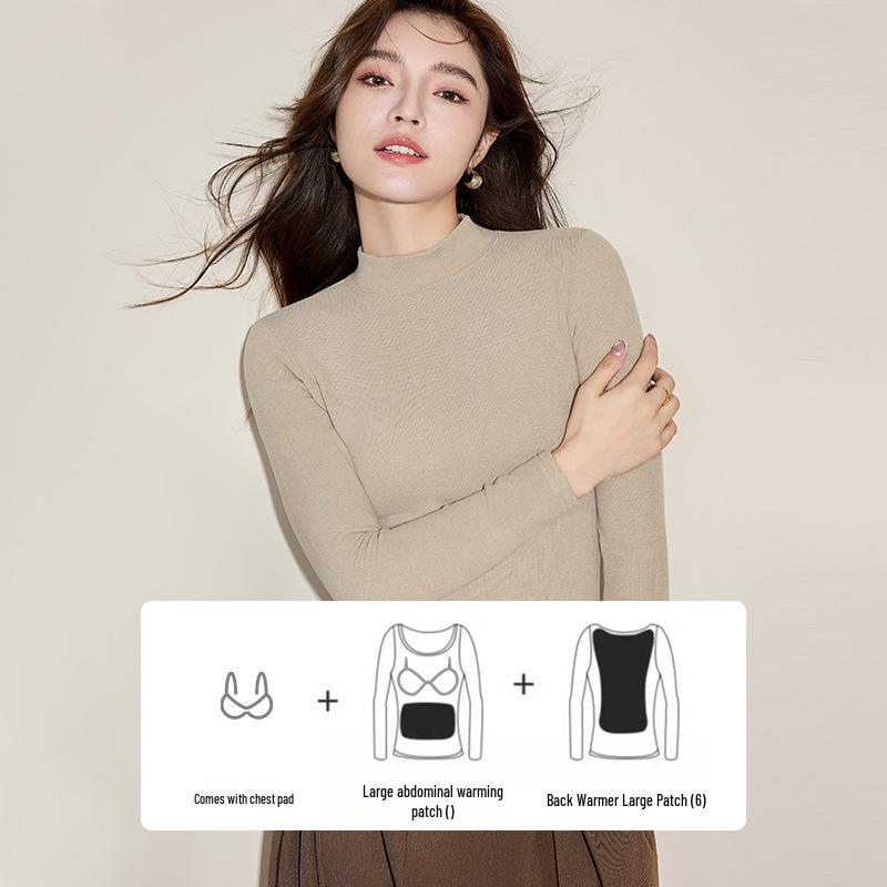 Women's Slim Fit Velvet Half-Turtleneck Shirt with Chest Pads - Antibacterial, Long-Sleeved, Perfect for Autumn and Winter