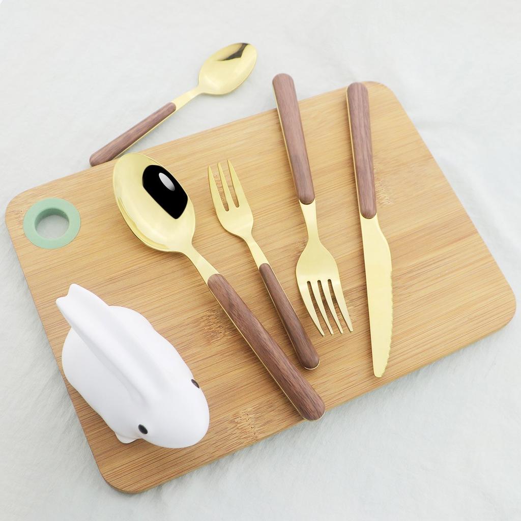 5Pcs Wooden Handle Dinnerware Stainless Steel Mirror Cutlery Set Western Knife Fork Spoon Silverware Tableware Set