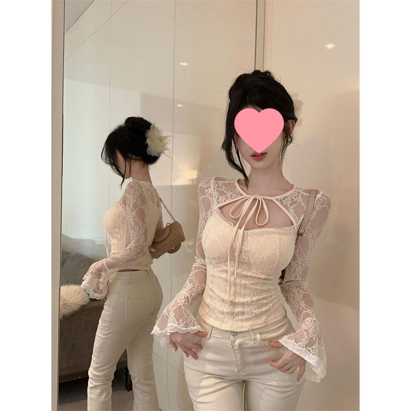 Women's Black Lace Square Neck Long Sleeve Top, Autumn Base Layer, Yù Jiě Style - Sophisticated, Elegant, Tight, Short.