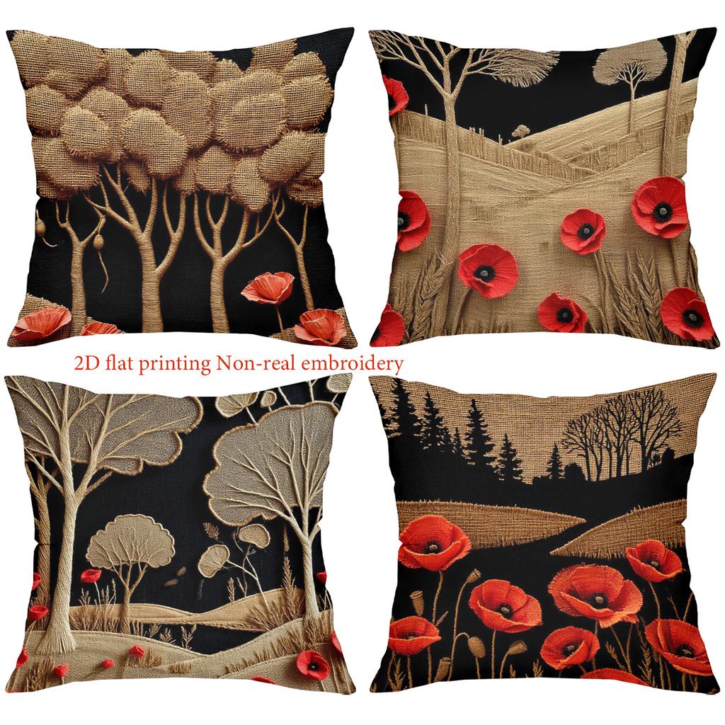 2D Flat Printed Poppy & Tree Pattern Non-real Embroidery Pillows Polyester pillowcase, sofa cushion cov Headboard Pillow