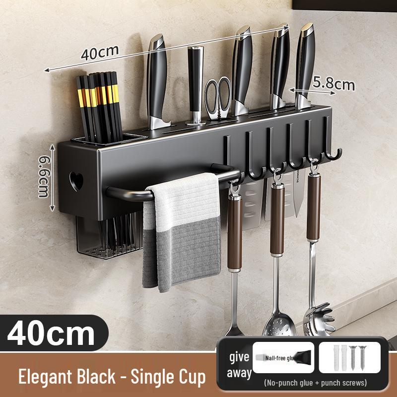 Wall-Mounted Kitchen Knife & Chopstick Storage Rack with Hooks (Punch-Free)