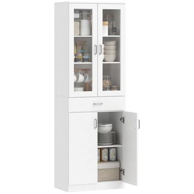 Buffet High Cuisine Kitchen Cabinet 4 Doors Including 2 Glass Doors Drawers Adjustable Shelves 60x35x180cm White