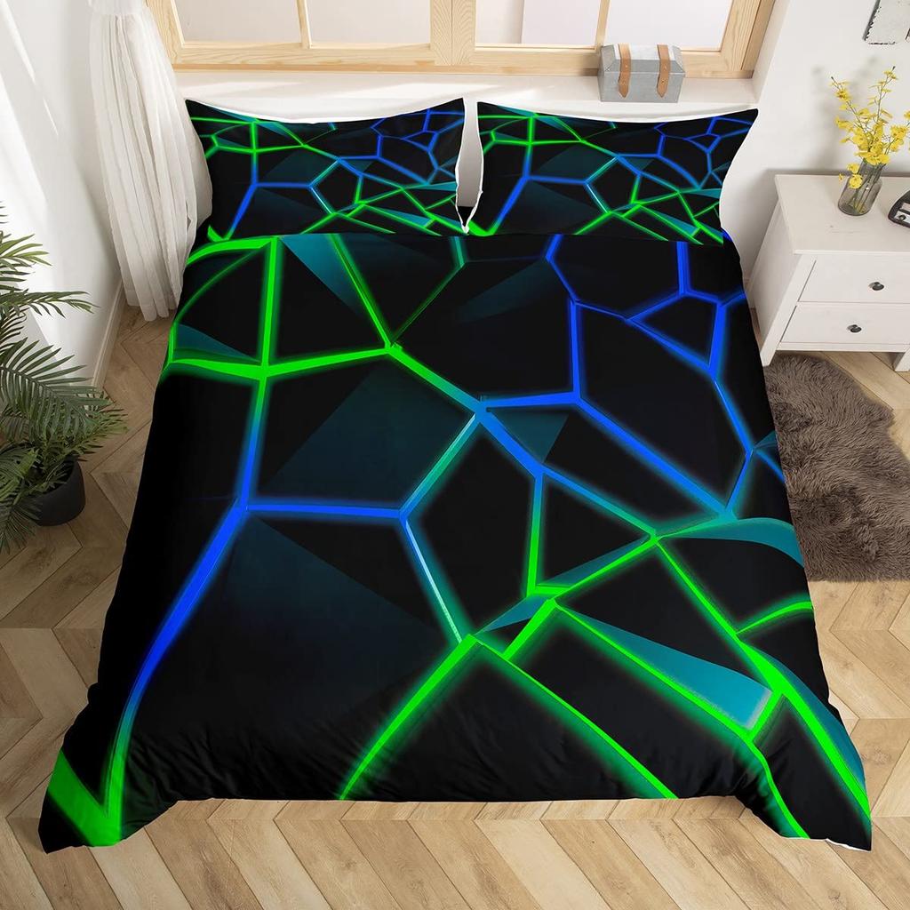 Blue Purple Honeycomb Soft Duvet Cover Fluorescent Geometric Honeycomb Beding Set Behive Hexagon Warm Comforter Cover for Young Boys Young Girls