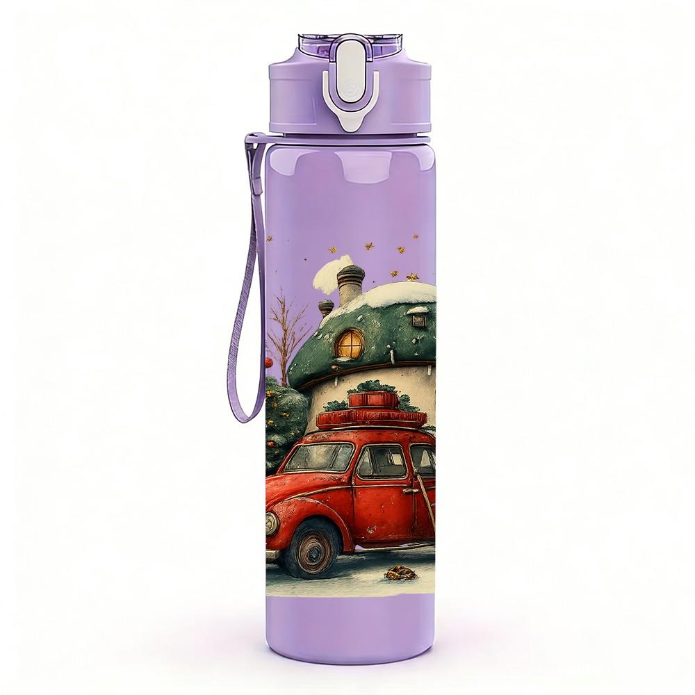 1PC Christmas Truck Pine Tree Pattern 750ml Color Plastic Sports Water Bottle Leakproof Flip Straw Lid Suitable for Sports Office Home Use