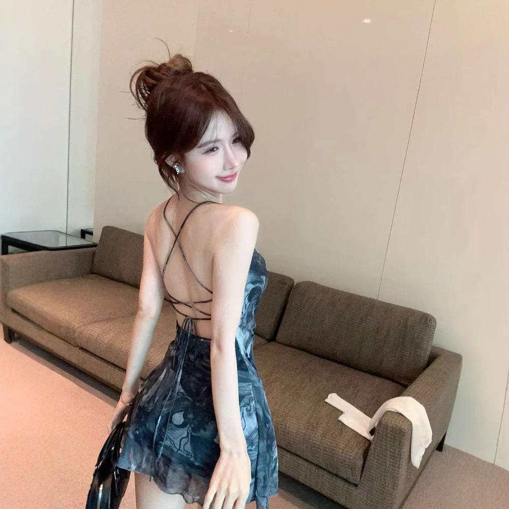 Summer Suspender Dress Women's Outer Wear Thin Versatile Short Skirt Pure Lust Hot Girl Cross Backless Irregular Skirt