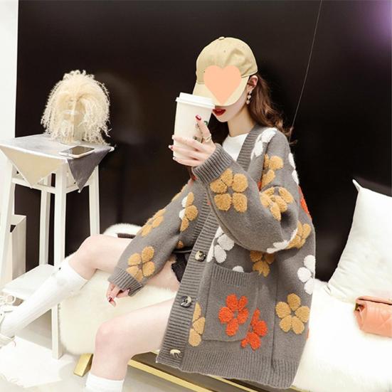 Women Sweater Coat V-Neck Long Sleeve Flower Pattern Knitted Cardigan with Pockets Loose Fit Autumn Winter Knitwear