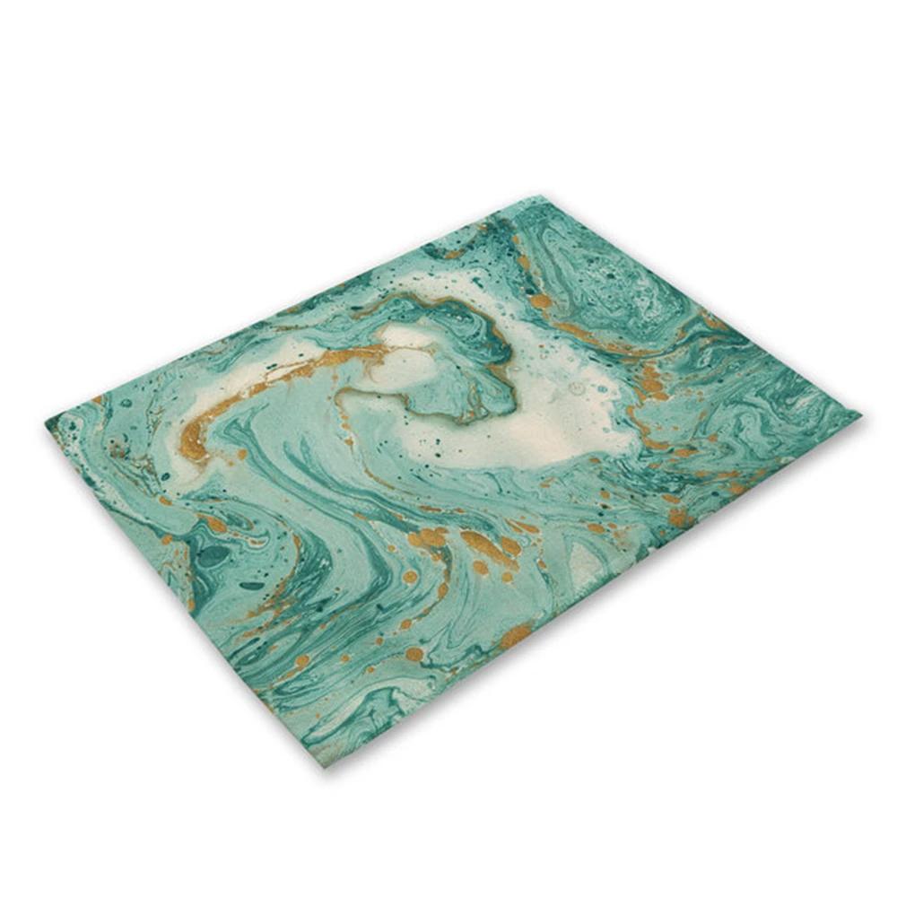 Green Rose Pink Marble Printing Linen Placemat for Dining Table Drink Coaster Home Decor Dining Mat Modern Kitchen Cup Pads