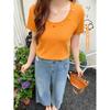DM100 Plus Size Women's Clothing Summer Slightly Oversized Girls Shoulder Slim Looking Loose Slim Fit U Collar Short Sleeve Dopamine T-shirt