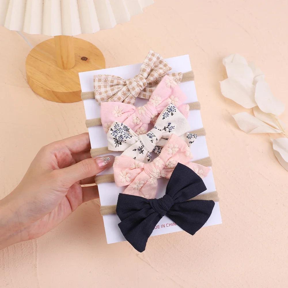 5Pcs/Set Baby Bows Headband Nylon Headbands Cotton Hair Bands for Children Girls Soft Hairband Newborn Hair Accessories Toddler