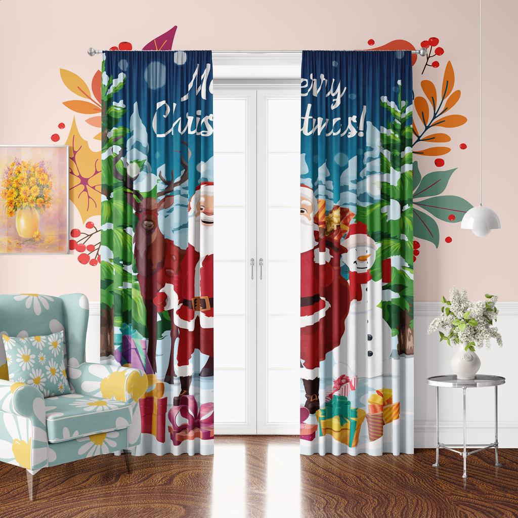 2pcs- Elk Christmas Decorative Printed Curtains - Polyester Material - Suitable for Bedroom, Living Room, Study