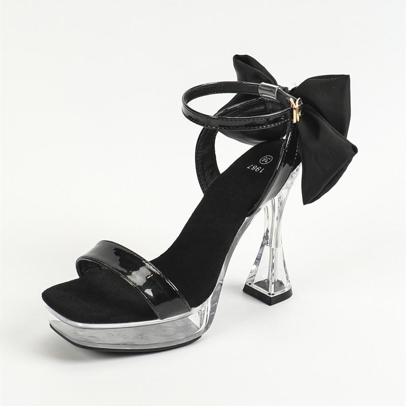 Fashion Fashion Crystal Transparent Platform Thick Heeled Women Sandals Sweet Satin Bowknot 12CM Ultra High heels Summer Banquet Shoes