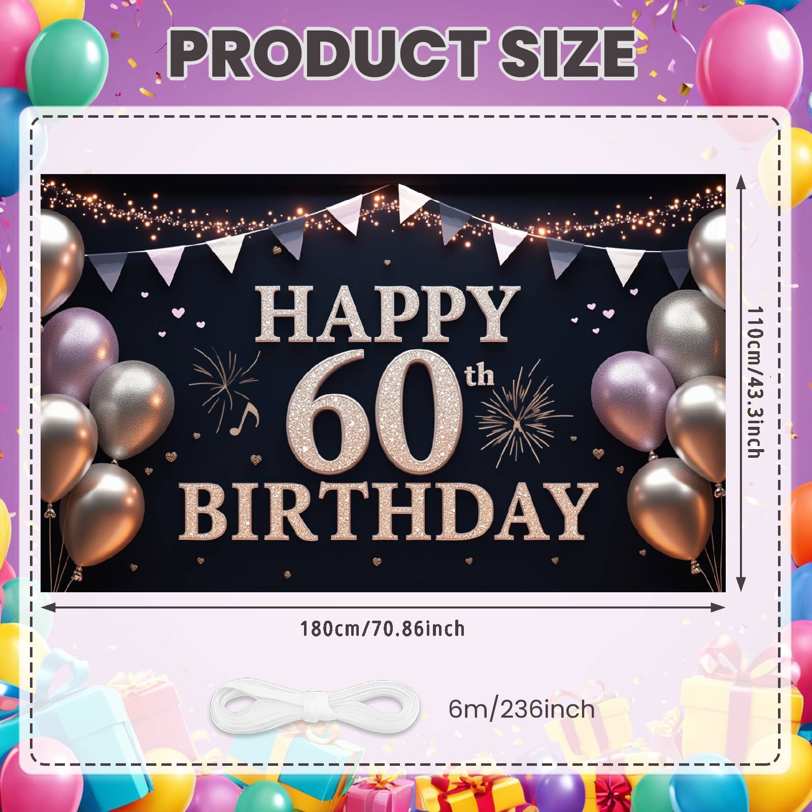 

60th Birthday Celebration Background Triangle Pennant Banner 60th Birthday Display Luxury Birthday Backdrop Pink Heart Accents