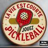 Vintage Pickleball Tin Sign 8 Inch Round Metal Wall Art Game Room Decor