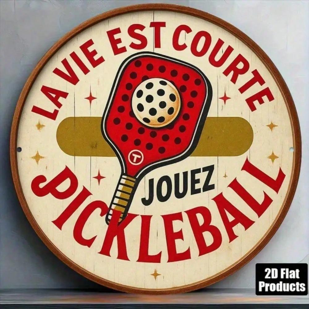 Vintage Pickleball Tin Sign 8 Inch Round Metal Wall Art Game Room Decor