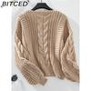 BITCED Solid Color Cable-Knit Sweater for Women Autumn/Winter Vintage Oversized Bell-Sleeve Twisted Knit Top
