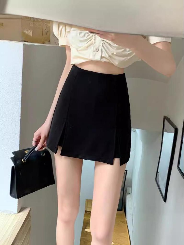2024 Summer Women's High Waist Black A-Line Slit Culottes Skirt