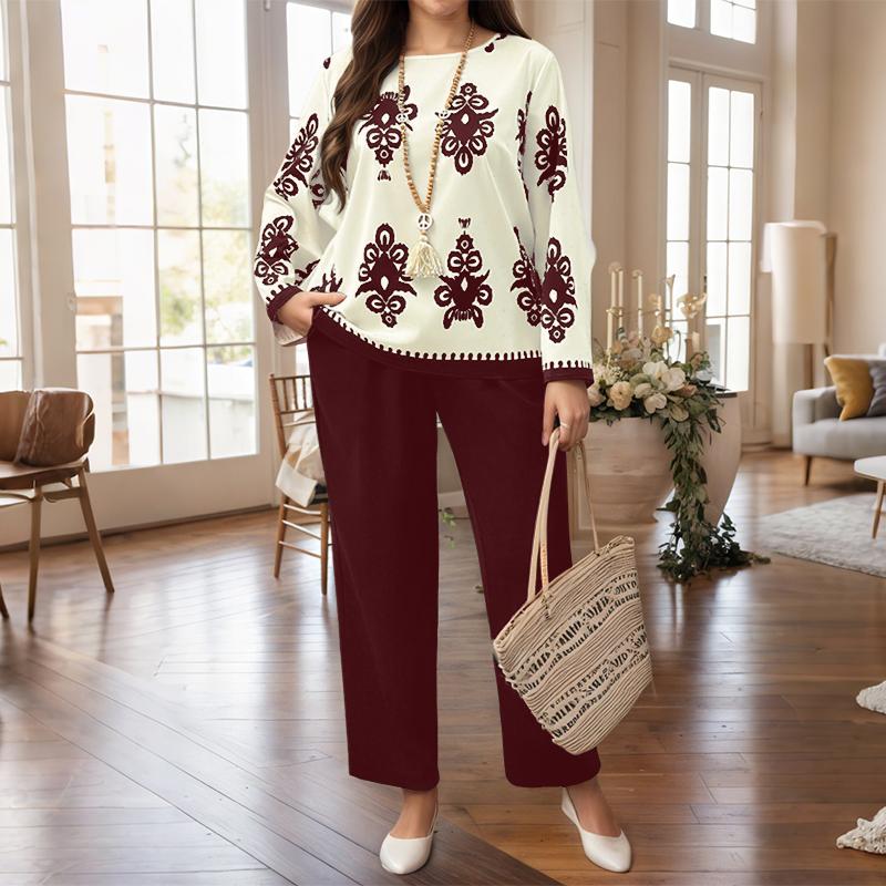ZANZEA Women Long Sleeve Print Blouse and Pants Casual Two Piece Suit Sets