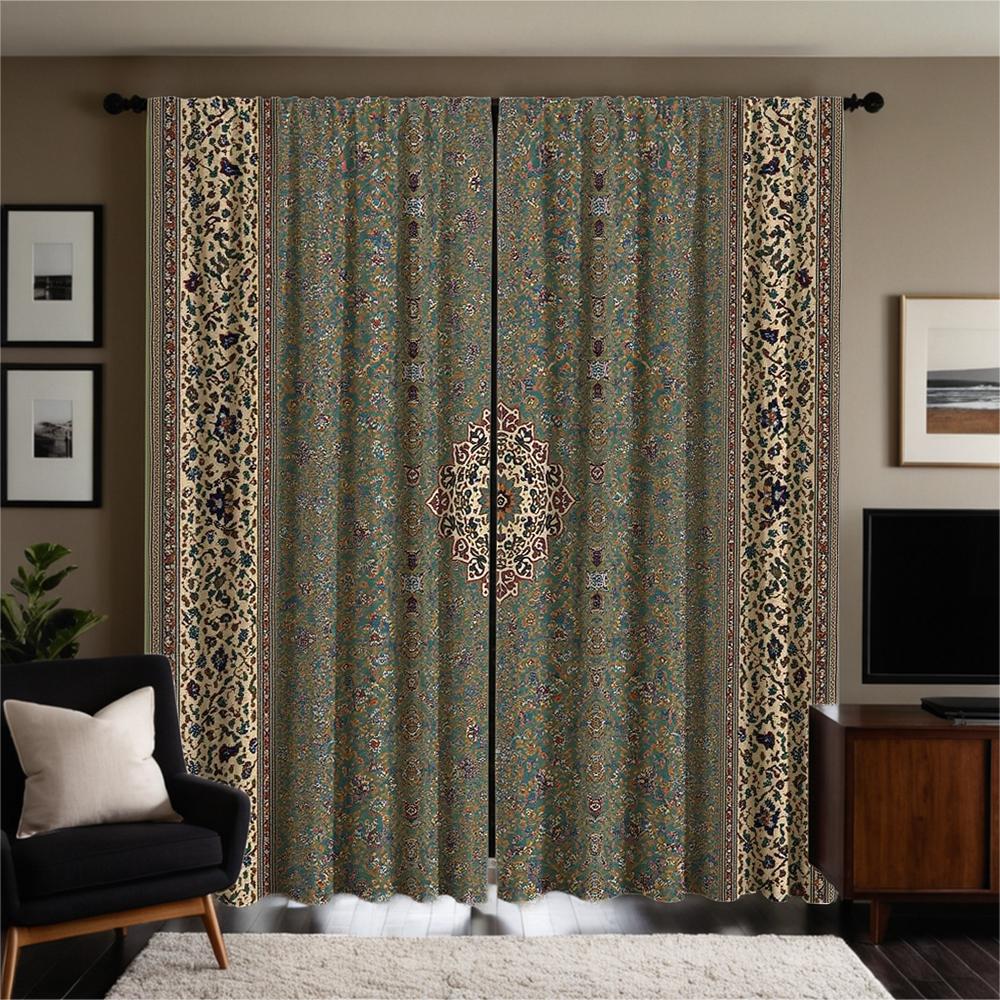 Piece Set High Definition Digital Printed Curtainoriental Style Green Patterned Border Curtainhome Decoration Curtain Polyester