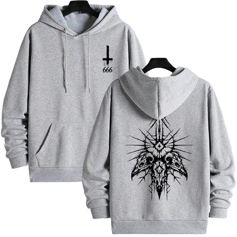 Man Streetwear Hooded Sweatshirt Gothic Demonic Theme Print Top 2025 New Autumn Winter Male Fashion Casual Jacket with 666 Cross