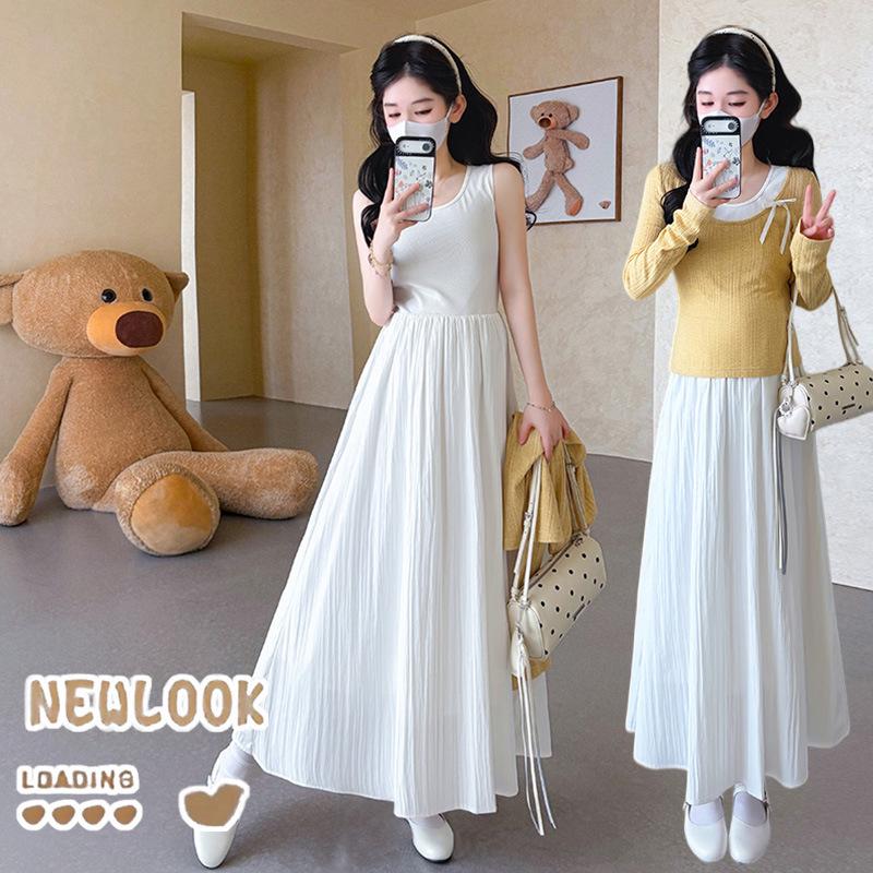 2026 Spring Korean Maternity Dress Set: Sweet White Tank Dress & Long Sleeve Cardigan 2XL