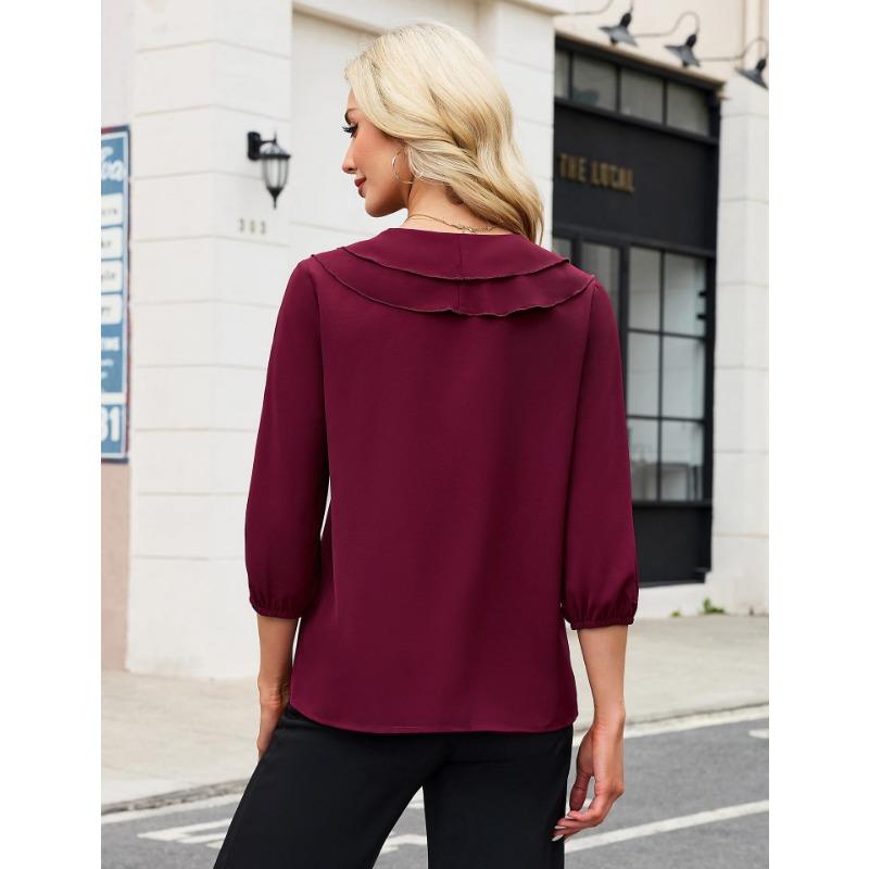 Womens Ruffled V Neck Three Quarter Sleeve Polka Dot Chiffon Blouse