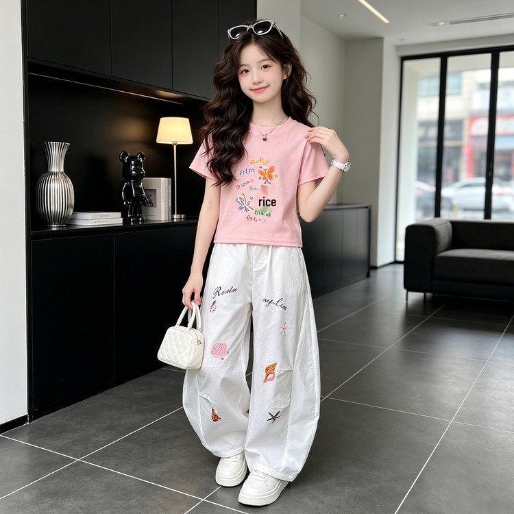 Sommer-Cartoon-T-Shirt & Weitbeinige Hosen Set für Mädchen - Stylisches Lässiges Zweiteiler für Mittlere & Große Kinder, Kollektion 2026.