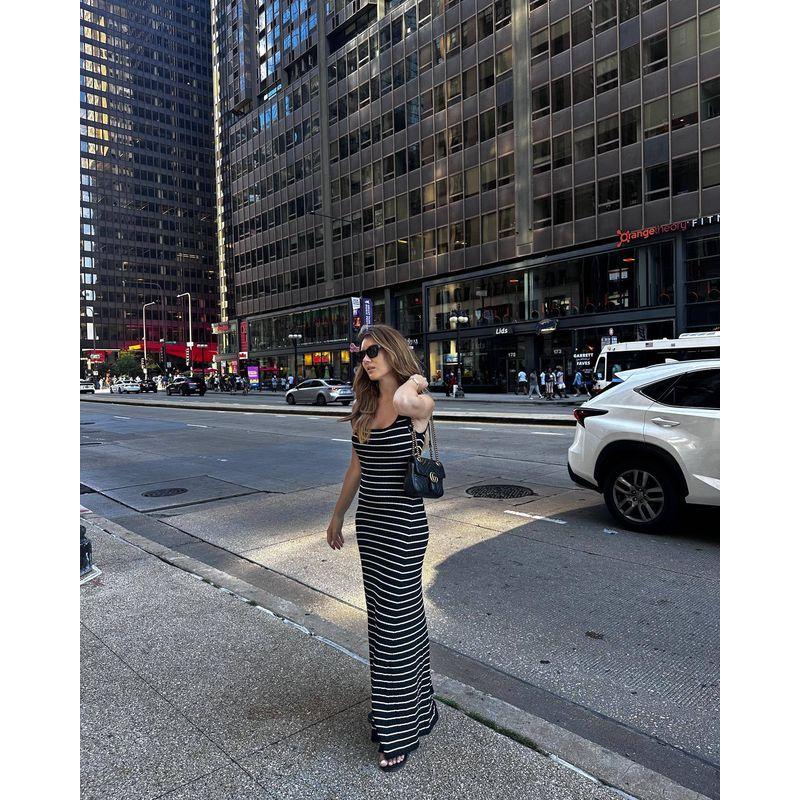 Stripe Vest Contrast Color European and American Style Beach Vacation Sexy Long dress Knitted Sunken Stripe Long Dress Summer Women