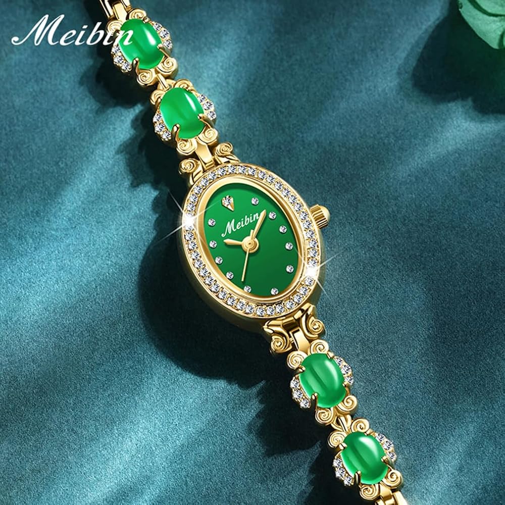 "Elegant Women's Bracelet Watch Green Crystal Waterproof Quartz Simple Gold"