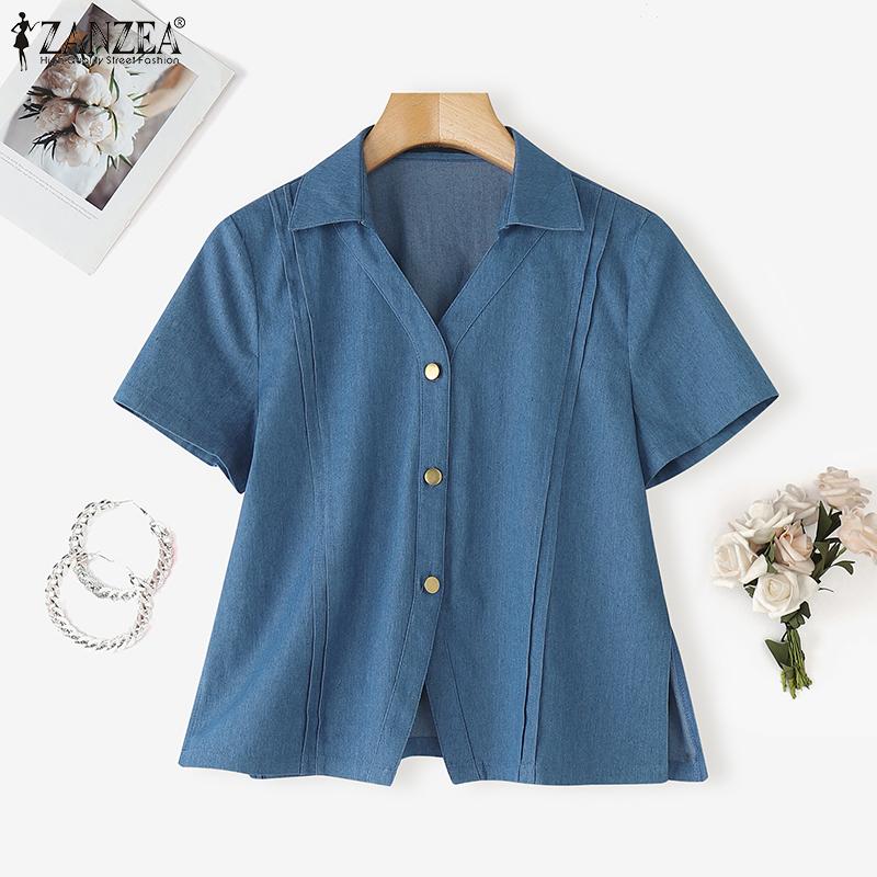 ZANZEA Women Lapel Short Sleeve Buttons Casual Short Blouse Shirts