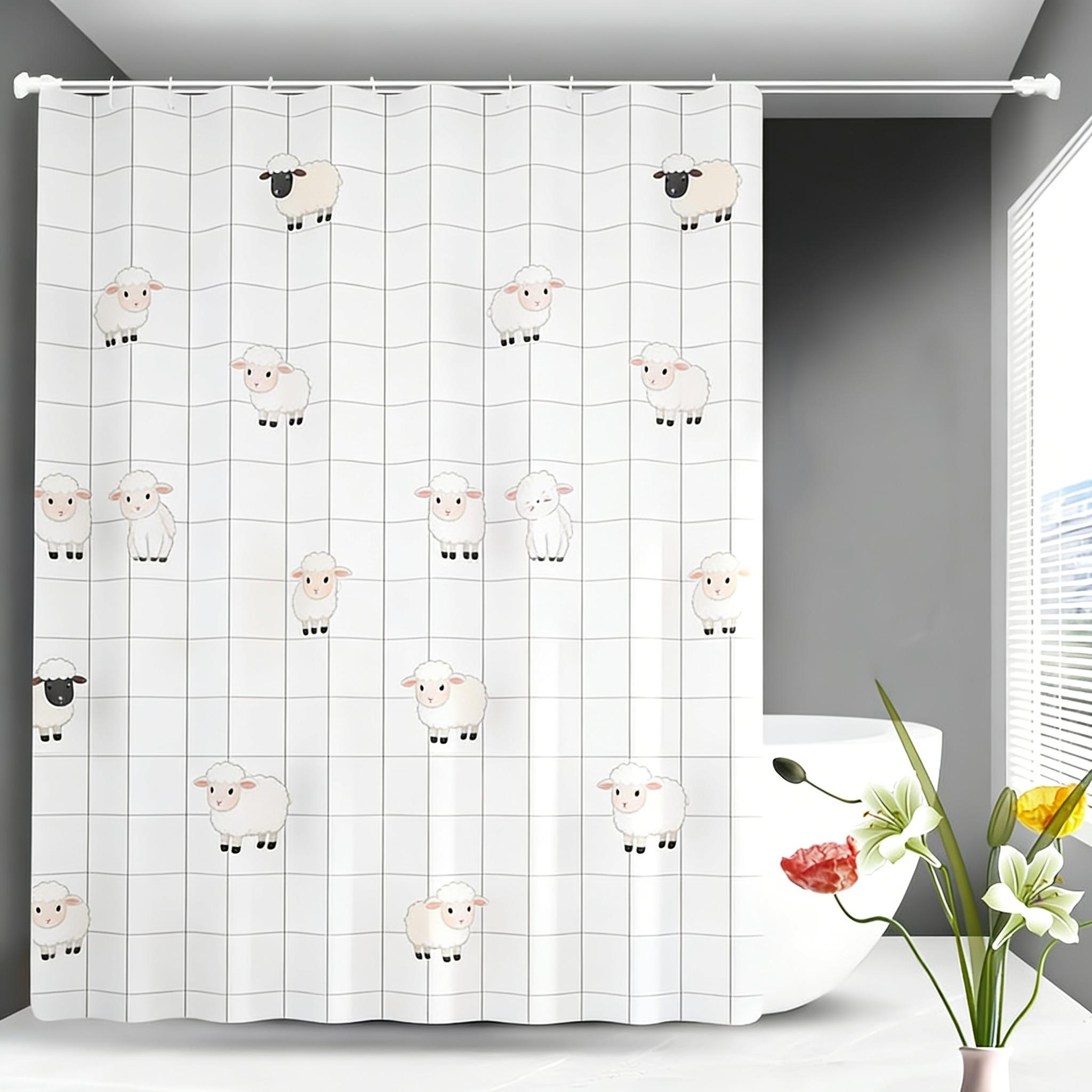 

Cute Cartoon Puppies & Kittens Shower Curtain - Waterproof Polyester With Hearts & Yarn Balls On White Grid W60H190(CM)-1 Pcs