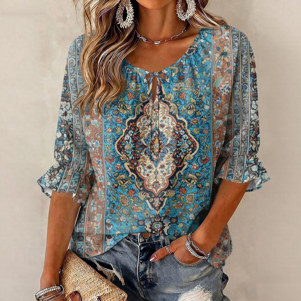 Women's Vintage Floral Print Blouse with Tie Neck and Ruffle Three-Quarter Sleeves