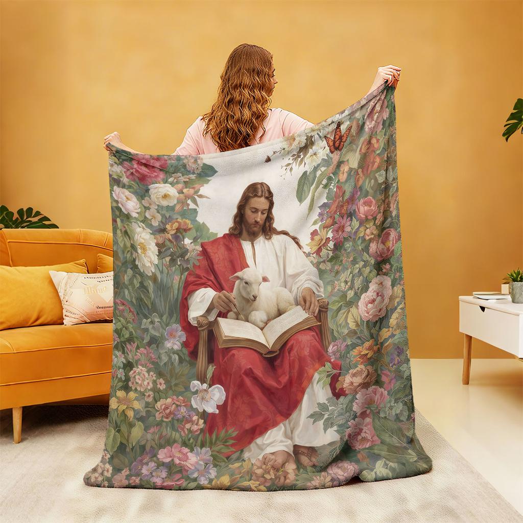 1 Stück Jesus Porträt Blumendruck Flanell Decke In Mehreren Größen Für Lässiges Nickerchen Weiche Abdeckung Decke Maschinenwaschbar