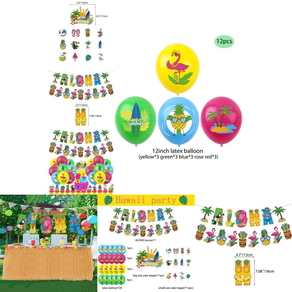 Hawaiian Theme Party Decorations Set Paper Cake Insert Balloons Bunting Flags