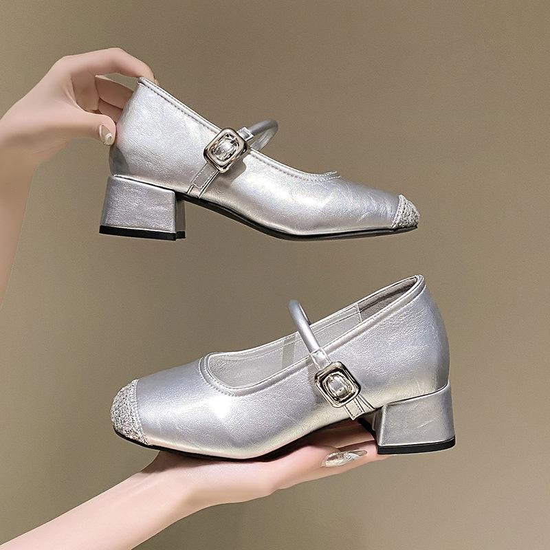 Small invisible inner height increase shallow thick heel single shoes trendy summer new square head high heel Mary Jane women's shoes