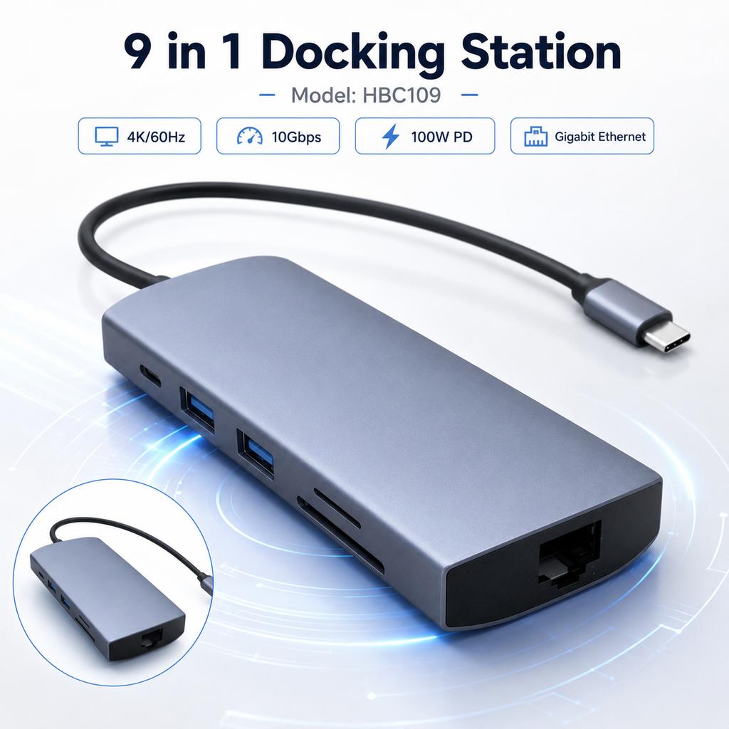 9 in 1 USB C Hub 10Gbps USB 3.2 Gen2 Dual Type C 4K 60Hz Video Gigabit Ethernet RJ45 100W PD SD TF Docking Station MacBook