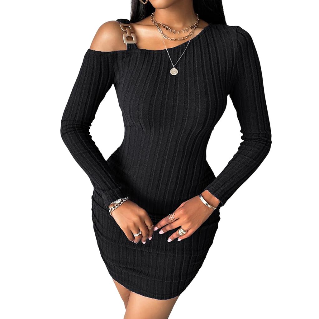 Women's Solid Color Off-the-shoulder Slant Collar Design Sense Bodycon Dress, Stylish, Slim, Sexy Long-sleeved Dress