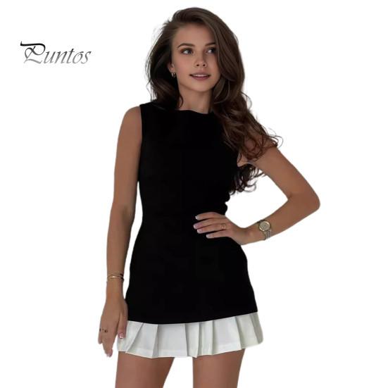 

Женское летнее платье в стиле пэчворк, плиссированное подолу, без рукавов, в тон, с круглым вырезом, облегающее, длиной выше колена, мини-платье для свиданий и поездок на работу S чёрный