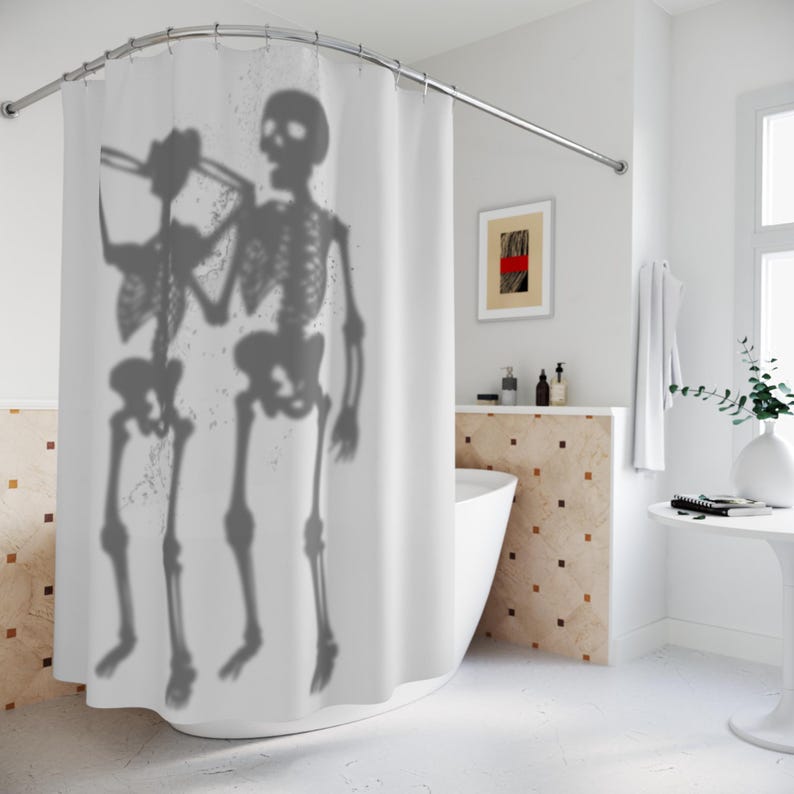 Funny Skeleton Couple Halloween Shower Curtain With Wedding Theme Pattern, Humorous Bathroom Decor For Couples Gift Idea