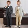 Boys Khaki 4 Piece Suit Shawl Lapel Double Breasted Vest Set White Shirt Plaid Bow Tie Pants Kids Wedding Flower Gentleman Formal Party Photo Outfit