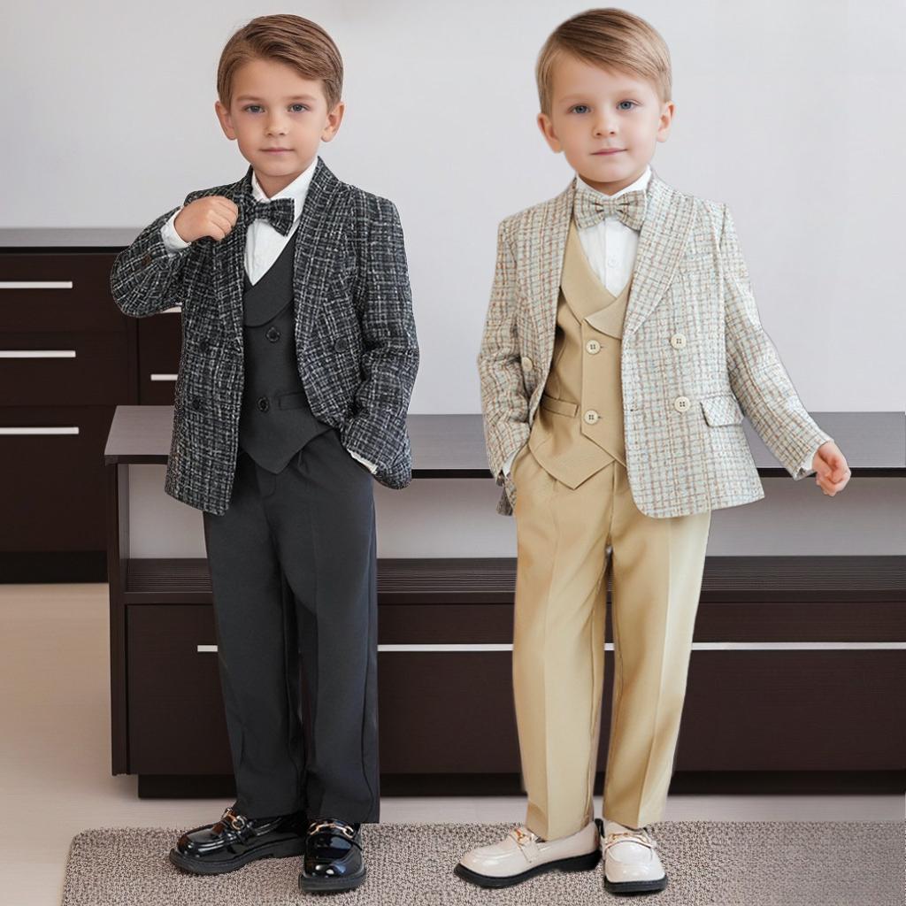 Boys Khaki 4 Piece Suit Shawl Lapel Double Breasted Vest Set White Shirt Plaid Bow Tie Pants Kids Wedding Flower Gentleman Formal Party Photo Outfit
