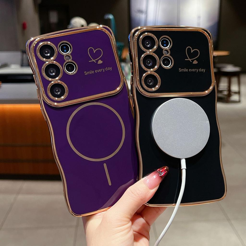 Applicable to Samsung S25ULTRA wave electroplating mobile phone case S24 magnetic suction fine ring A16 double love anti-drop protective case
