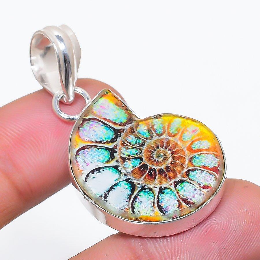 Натуральный Синий Титановый Аммонит 925 Пробы Серебро Ювелирное Изделие Кулон 1,73  AP-14169