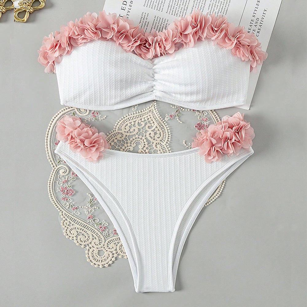 

Женский однотонный кружевной бандажный раздельный купальник - Сексуальный и модный Large белый